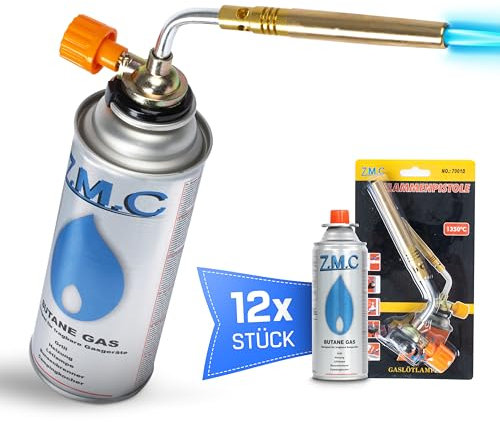 Z.M.C Brûleur à gaz polyvalent 1,65 kW + 12 cartouches de gaz de 227 g - Chalumeau à souder jusqu'à 1371 °C - Chalumeau Bunsen avec flamme réglable - Lampe à souder idéale pour atelier