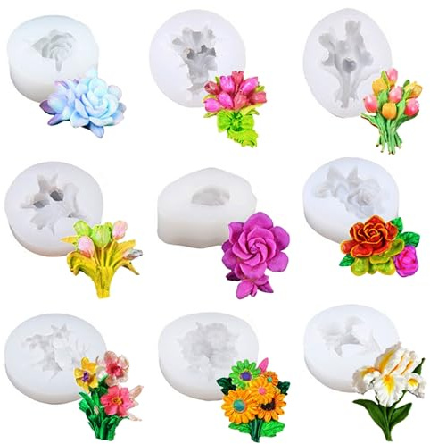 Attuslla 9 Pz Moldes de Silicona de Flor Rosa 3D Molde de Fondant de Silicona Molde de Silicona para Velas de Flor para Decoración Del Hogar, Decoración de Tartas, Chocolate (Style 3)