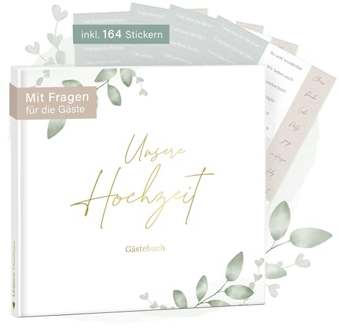 mintkind® Gästebuch Hochzeit zum Ausfüllen Greenery inkl. 4 Stickerbögen | 84 Seiten mit Fragen für die Gäste | Hochzeitsgeschenke für Brautpaar als Deko | Goldene und Silber Hochzeit