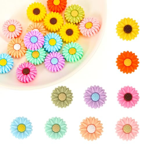 18 pcs Perles de Silicone Tournesol, 9 Couleurs Perles Focales Rondes Silicone Forme Fleur Perles Marguerite Plates Charme Décoration pour Stylos DIY Porte-clés de Bijoux Artisanat