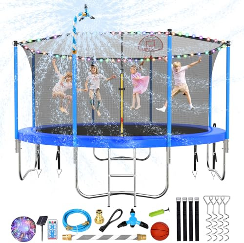 Lyromix Upgraded 12FT Trampoline with Lights, Large Outdoor Trampoline with Sprinkler,Basketball Hoop and Net, Capacity for 3-5 Kids and Adults, Cobalt Blue