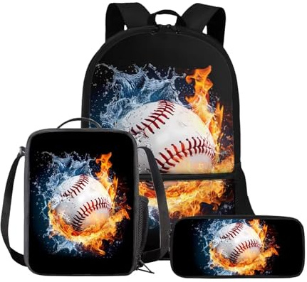 POLERO Cartoon-Rucksack für Kinder, Jungen, Büchertaschen-Set mit Lunchbox, Federmäppchen, Schulbedarf für Mädchen, Wasserfeuer Softball, Einheitsgröße, Schulranzen-Set
