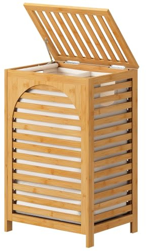 Laundry Hamper, 22.5 Gallon (85L) Bamboo Wood Clothes Laundry Basket with Lid and Handles, Removable Liner (Natural, Large)