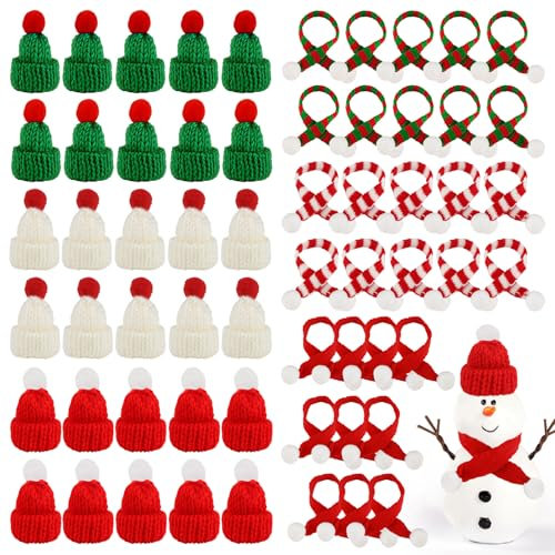 jwogngls 60 Stück Mini Weihnachtsmütze und Schal Set, Finger Kleine Nikolausmützen, Mini Strickmützen für Weihnachtsfeier Dekor, Flaschendeko und Tischdeko