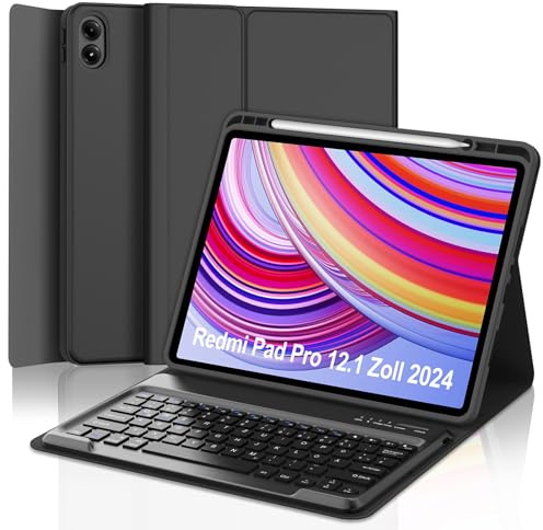 WINCHKING Funda con Teclado para Xiaomi Redmi Pad Pro 12.1” 2024, Desmontable Funda con Teclado para Xiaomi Poco Pad 12.1 Pulgadas, Inalámbrico Bluetooth Magnético Keyboard, QWERTY Español Ñ, Negro