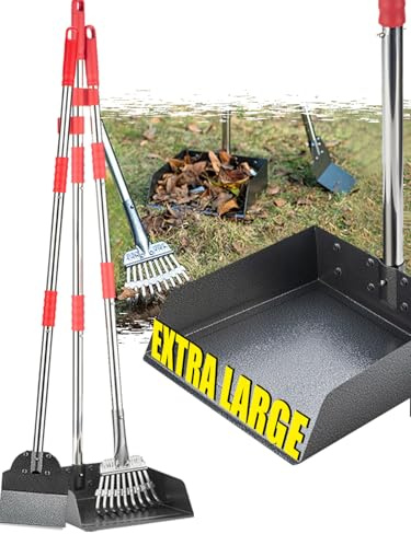 FUSBUNTY Dog Pooper Scooper Set, Pooper Scooper for Dog, Heavy Duty Stainless Steel Rake with Extra Large Tray & Spade No Bending Clean Up for Pet Waste Removal, for Grass, Dirt Or Gravel.