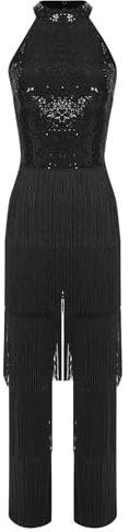 TiaoBug Damen Pailletten Leotard Neckholder Tanz-Body mit Fransen Hose Rückenfrei Jumpsuit Overall Latein Kostüm Einteiler Hosenanzug Schwarz S