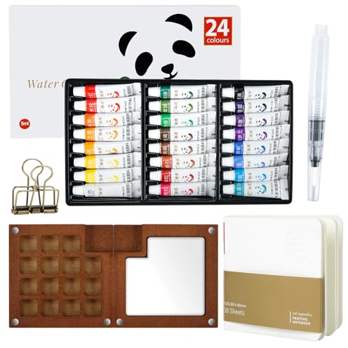 Pocket Artist Aquarell-Reiseset, Reise-Aquarell-Set inklusive Palette & 24 Farben & Zeichenbuch & Stift & Clips, leichte tragbare Palette Ölgemälde Box Set