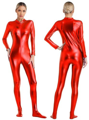 XINLIANYI Damen-Jumpsuit, metallisch, glänzend, langärmelig, Reißverschluss vorne, Ganzkörper-Einteiler, Strumpfhose, Body, Disco, Rave, Party, Poledance, Clubwear, rot, XL