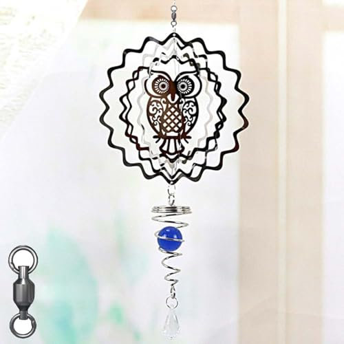 3D Metal Wind Hanging Spinner, Sun Spiral Wind Chimes, Wind Sculptures Hanging With Gazing Ball Spiral Tail, Stainless Steel 360 Degrees Spin Decor For Indoor Outdoor Garden(owl)