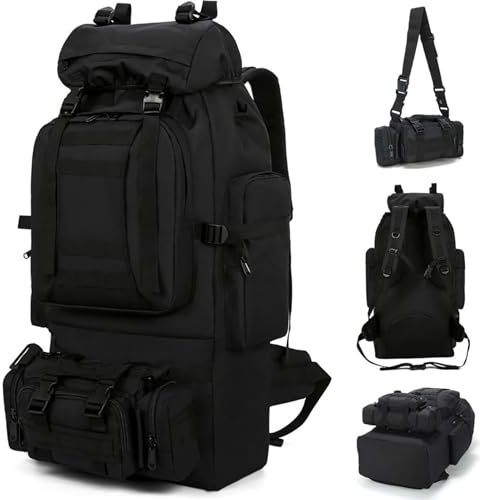 Kabxhueo 80L Taktischer Rucksack 2-in-1Groß Wandern Rucksack Wasserdicht Militär Armee Rucksack Wanderrucksack Notfallrucksack Survival Molle Backpack für Herren Outdoor Reise Camping Trekking,Schwarz