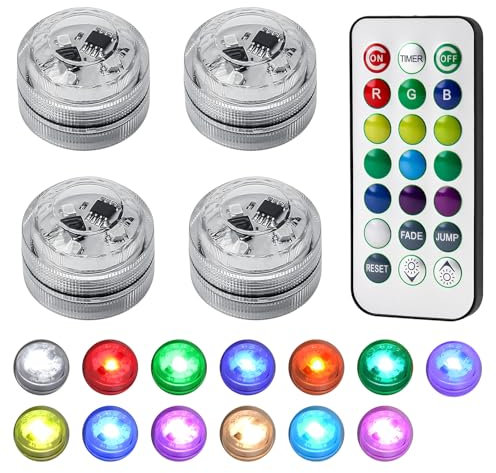 INBOLM 4 PCS Small Led Lights, Mini Submersible Light with Remote Control, 13 Adjustable Colors Waterproof Tub Lights for Aquarium Bath Wedding Decoration (Including Batteries)