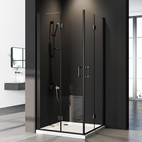 Eckeinstieg Duschkabine Falttür 90x90cm Schwarz Duschabtrennung, Eckeinstieg Duschkabine mit Doppel Falttür Duschwand aus 6mm ESG Nano Sicherheitsglas, Eckdusche Drehfalttür Höhe 195cm