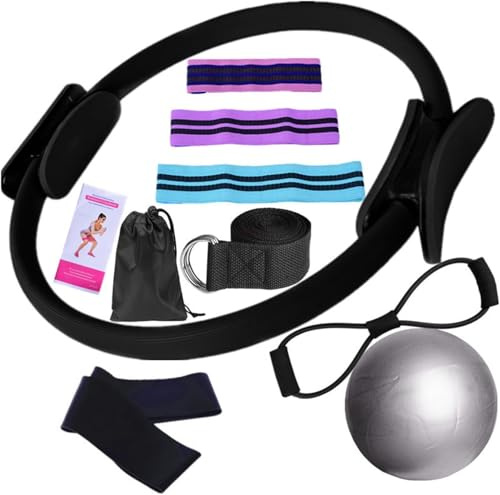 Essential Pilates Workout Kit for Women – Includes Pilates Ring, 25cm Yoga Ball, Booty Bands & Figure-8 Resistance Band – Complete Home Pilates Equipment Set for Fitness Exercises (Black)