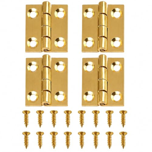 4PCS Small Brass Hinges for Wood - 25 x 20mm Mini Cabinet Hinges with 16 Screws - for Wooden Boxes, Jewellery Boxes & Small Wood Projects (Gold)