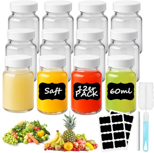 Ferenando 12 Pcs Glass Shot Bottles with Lids 60ml/2oz, Labels & Brush, Leak Proof Ginger Shot Bottles Glass, Wide Mouth Containers for Ginger, Juice, Wellness Shot, Whiskey and Spice
