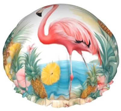 Wiederverwendbare Duschhaube für Frauen, Flamingo und Ananas, doppelte wasserdichte Schichten, Badehut, Haarbehandlungszubehör