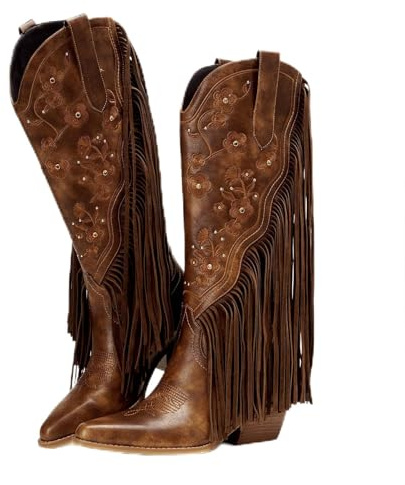 MSYIEVAD Fringe Cowboy Boots for Women Knee High Western Embroidery Rhinestones Cowgirl Boot Pointed Toe Chunky Heels