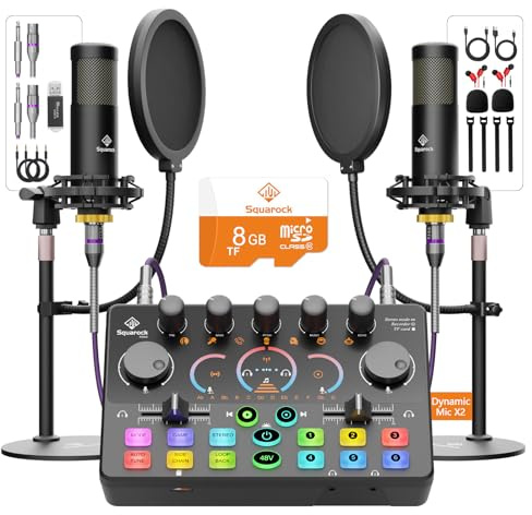 RS2 2‑Person Podcast Kit,XLR Dynamic Mic, Surround‑Sound for Live‑Stream | Cool RGB lighting, surround‑sound and TF‑card playback, great for live‑streaming on phones, PCs and cameras