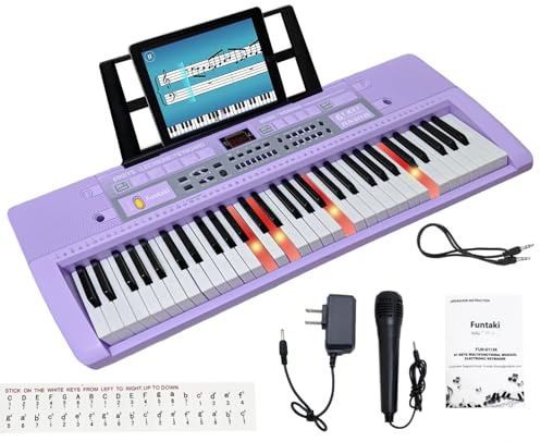 Funtaki Teclado de piano eléctrico de 61 teclas con teclas iluminadas, teclados sintetizadores portátiles digitales con soporte, mini teclado de música para principiantes, niños y adultos Morado