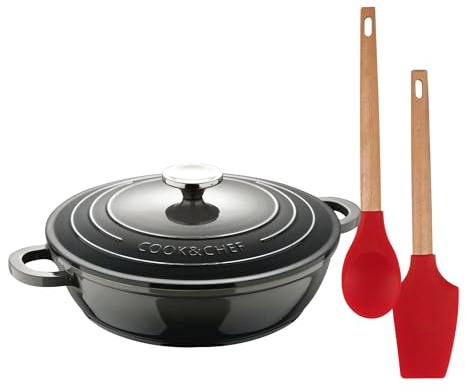 Juego de Cacerola baja Ø24cm con tapa en aluminio fundido + 2 utensilios de cocina (Cuchara, espátula) de silicona y mango de madera EXCALIBUR Bergner