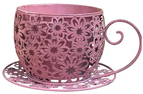 Fenteer Planter Pot Metal Coffee Cup Planter Desktop Outdoor Pots Teacup Flower Pot for Bookshelf Hotel Birthday Gift Decor, Pink