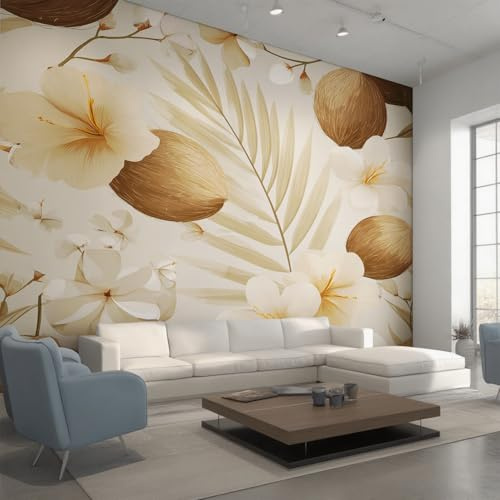 Générique Papier Peint Panoramique Feuille Palmier Beige, Papier Peint Plante Tropicale Frangipanier Noix de Coco 300x210 cm, Fresque Murale Intissé, Décoration Murale Salon Chambre