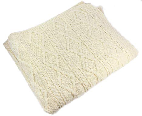 100% Irish Merino Wool Plaited Aran Celtic Cream Couch Throw Blanket 40”x 66” by Carraig Donn