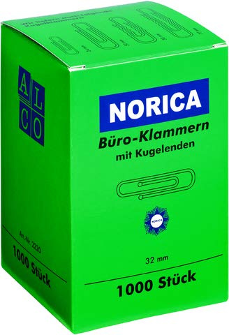 NORICA Büroklammer, rund, Metall, glanzverzinkt, Länge: 32 mm (1.000 Stück), Sie erhalten 1 Packung á 1000 Stück