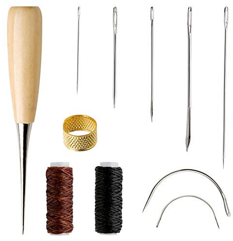 11 Stück Ledernadel Set, Leder Nähset Ledernadeln Hand Leder Werkzeug mit Bohr Ahle Fingerhut und Wachsfaden für Ledertaschen Sofas Segelsitze und Schuhreparaturen