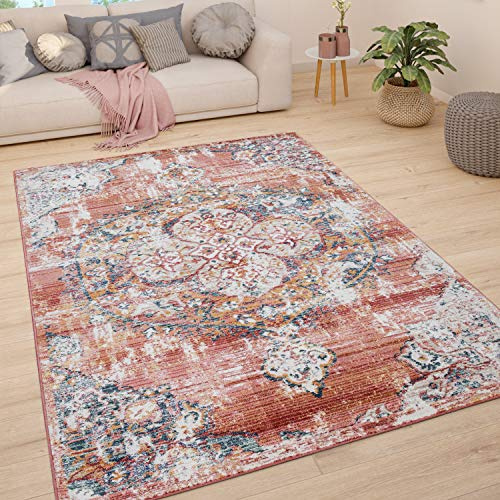 Paco Home Tapis De Salon Poils Ras Tapis Vintage Motif Oriental Moderne Pastel, Dimension:120x170 cm, Couleur:Rouge