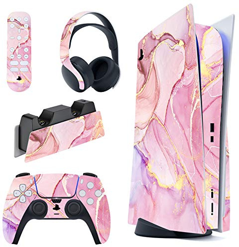 PlayVital Cosmic Pink Gold Marble Effect Full Set Skin Decal for ps5 Console Disc Edition,Sticker Vinyl Decal for ps5 Controller & Charging Station & Headset & Media Remote