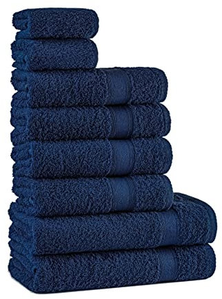 Tuiste Juego de 8 toallas azul marino, 100 % algodón, con 2 toallas de baño de 70 x 140 cm, 4 de mano de 50 x 90 cm y 2 de invitados de 30 x 50 cm, suaves y absorbentes; color azul oscuro