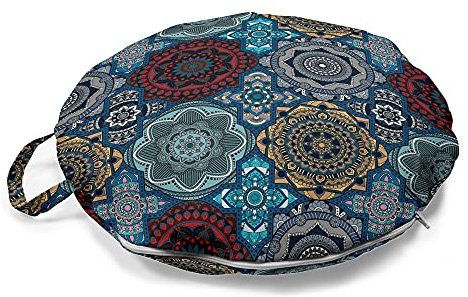 ABAKUHAUS marokkanisch Rundes Bodenkissen mit Griff, Retro Ottoman, dekoratives Kissen für Wohnzimmer & Schlafsäle, 45 cm, Sand Braun Blau und Ruby