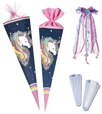Nestler Schultüten-Set zum Befüllen, Handgemachte Zuckertüte aus Karton - Motiv: Regenbogen Einhorn, Spitzenschutz, Schleife (85 cm 6-eckig)