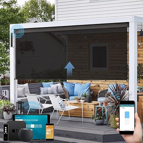 SmartWings Motorized Outdoor Patio Shades Roll Up Blinds for Porch Waterproof Work with Homekit Window Shades Smart Motor Remote Control Screen Sun Roller Shade Blinds Custom Size, 5% Openness Black