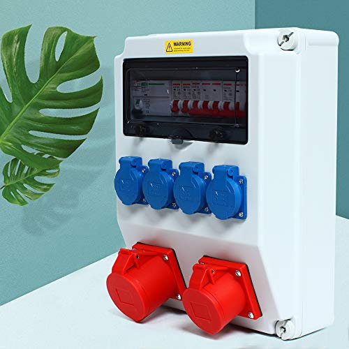 Distribuidor de corriente, distribuidor de pared CEE 16A + 230V + FI distribuidor de corriente distribuidor de obra distribuidor de zona húmeda 2-6 toma de superficie disyuntor 16A (16 + 4 voltajes)