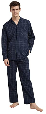 GLOBAL Pyjamasset för män, lång bomull, Norsk blå pläd-1, L