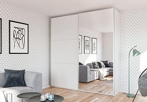 Kleiderschrank Rodos mit Spiegel 225 cm, Schwebetürenschrank, Garderobeschrank Schlafzimmer; Wohnzimmerschrank; Korpus Schrank Farbe: Weiss; Farbe der Schrankfront: Weiss; Mehrzweckschrank