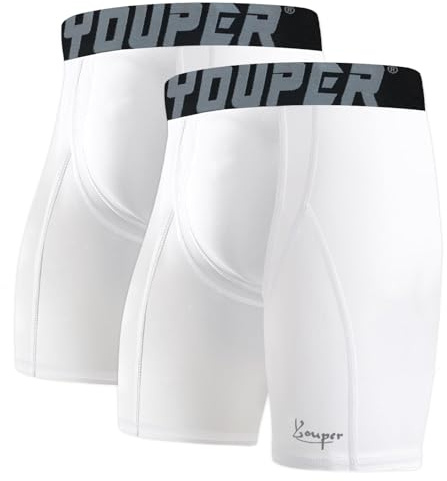 Youper 2-Pack Adult Compression Shorts w/Cup Pocket, Men's Athletic Supporter for Baseball & Football (Large, White)