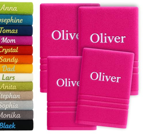4er Pack Personalisiertes Handtuch und Badetuch mit Namen Schön gestickter Name Handbadetuch 100 % Baumwollhandtuch 2x (50 x 100 cm) + 2x (140 x 70 cm) Personalized Custom Towel with Name (Rosa)