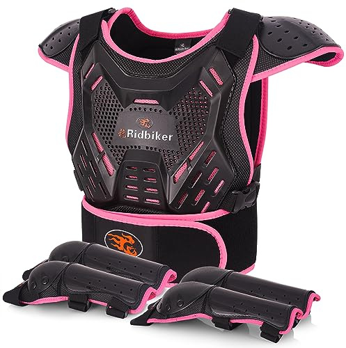 Kids Dirt Bike Gear Motorcycle Armor, Kids Chest Protector Motocross Motorcycle Protective Gear Body Armor Vest Knee Guards and Elbow Full Body Protection Set for Cycling Skateboard MTB ATV (Pink)