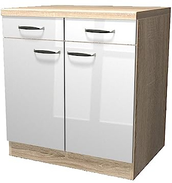 Küchenunterschrank - 80 cm breit - Hochglanz Weiß Sonoma Eiche – Valencia
