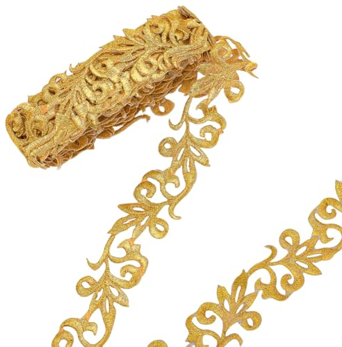 NBEADS 3.8m Gold Stickerei Polyester Bänder, 3.5mm Breite Metallic Spitze Trim Bügeln auf Metallic Blume Spitze für Nähen Kostüme Kleider Home Decor Garment Zubehör
