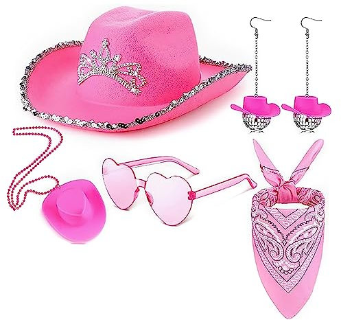 TIAOWU Rosa Cowboyhut, Cowboyhut Disco Dressing Set mit herzförmiger Sonnenbrille Schal Hut Ohrringe, rose, 1