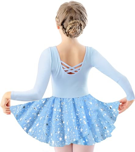 DANSHOW Kinder Ballettkleidung Mädchen Tanzkleider Mädchen Lange Ärmel Balletttrikot Ballettanzug Tanzkleid mit Chiffonrock(40421-01AY-L)