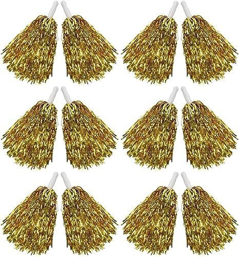 LIQS Pom Poms Cheerleading,Metallic Fluffy Cheerleader Pompoms mit Stabgriff,für Sportwettbewerb Feier (Silber, 12 Pack)
