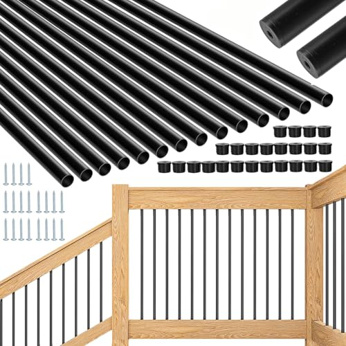 HTWAVE 101 Pack 26 Deck Balusters, Hollow Round Aluminum Balusters for Deck Railing, Aluminum Deck Spindles with Screws for Railing Fencing, Metal Deck Balusters Staircase Spindles W/Conectors
