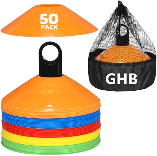 GHB Sports Marking Football Cones Football Training Cones Marker Cones Discs Set with Carry Bag and Cone Holder Space Marking Cones for Kids Football Practice, Sports, Games, Home Fitness (50)