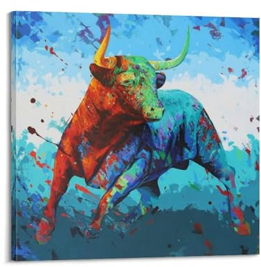 koanga Tierposter Farbiger Stier Ölgemälde Poster Dekorative Malerei Leinwand Wandposter und Kunstdruck Moderne Familie Schlafzimmer Dekor Poster 40 x 40 cm